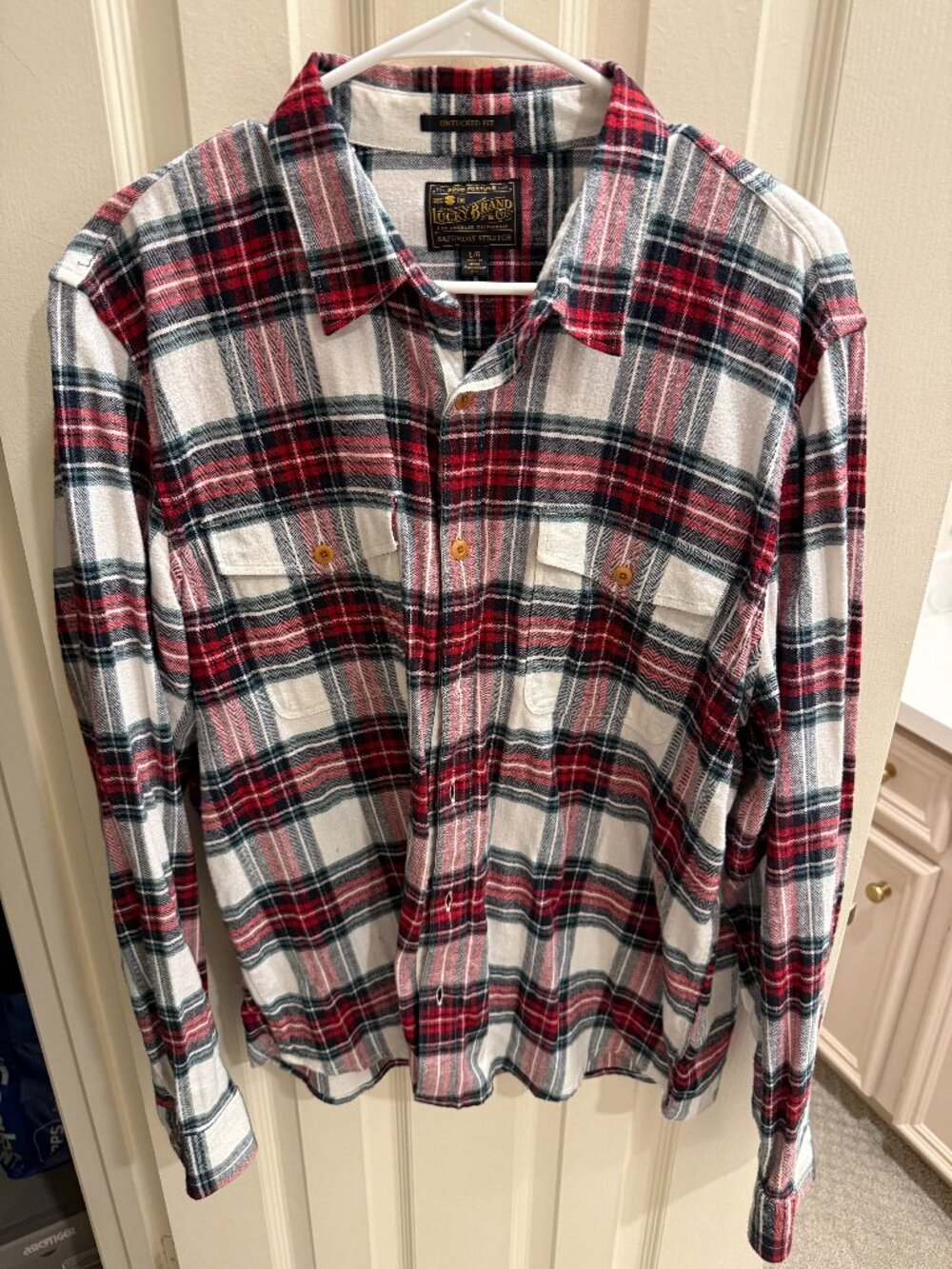 Lucky Brand Saturday Stretch Men's Large Untucked Fit Plaid Flannel Shirt